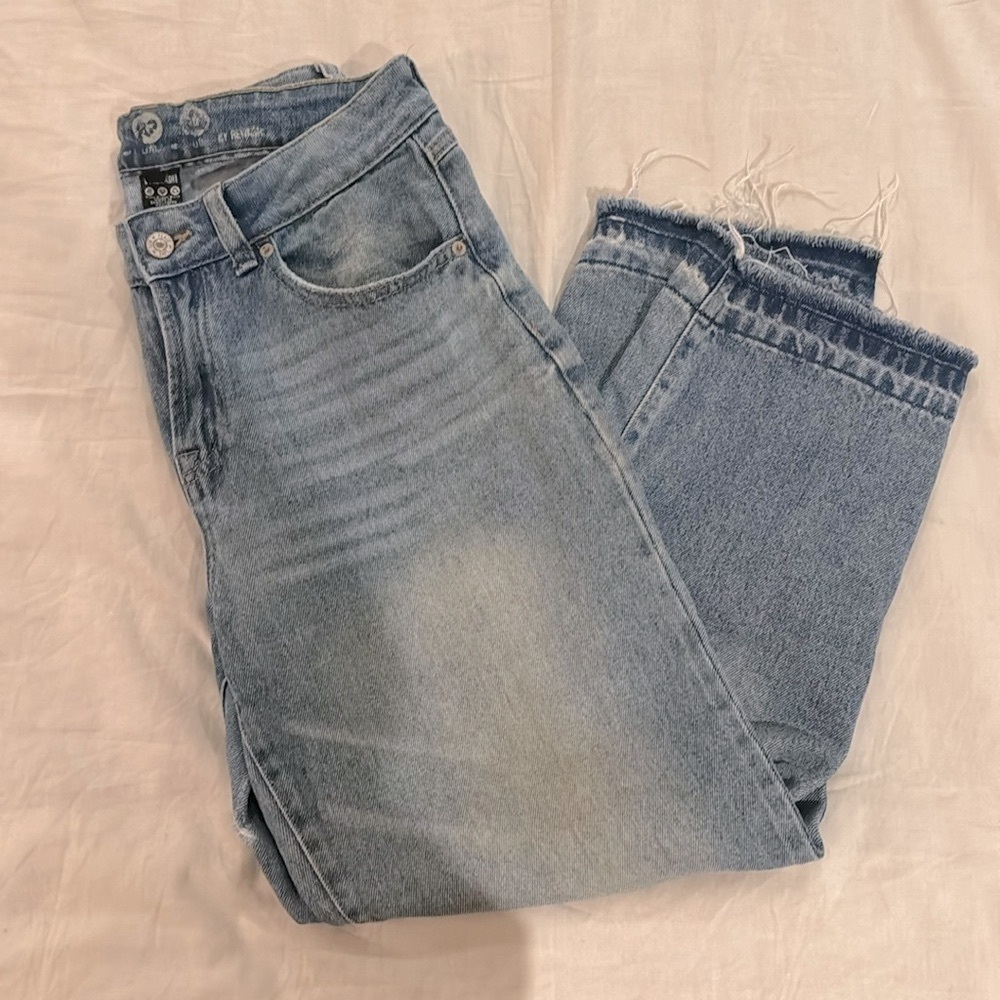 REWASH High Rise Raw Hem Straight Leg Distressed Jeans